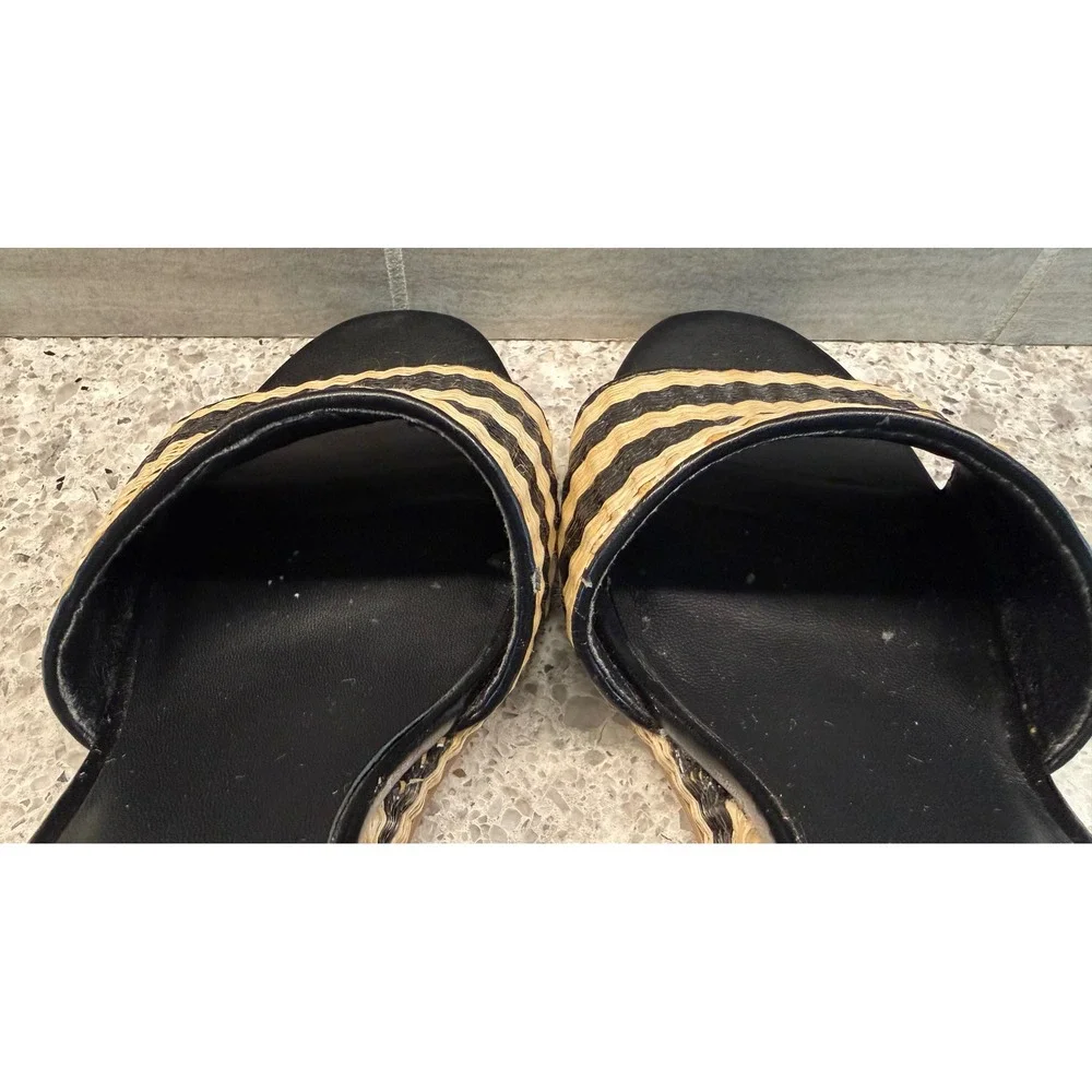 Kate Spade NY Linda Wedge Sandals Black Cream Striped Raffia & Leather Size 6.5M